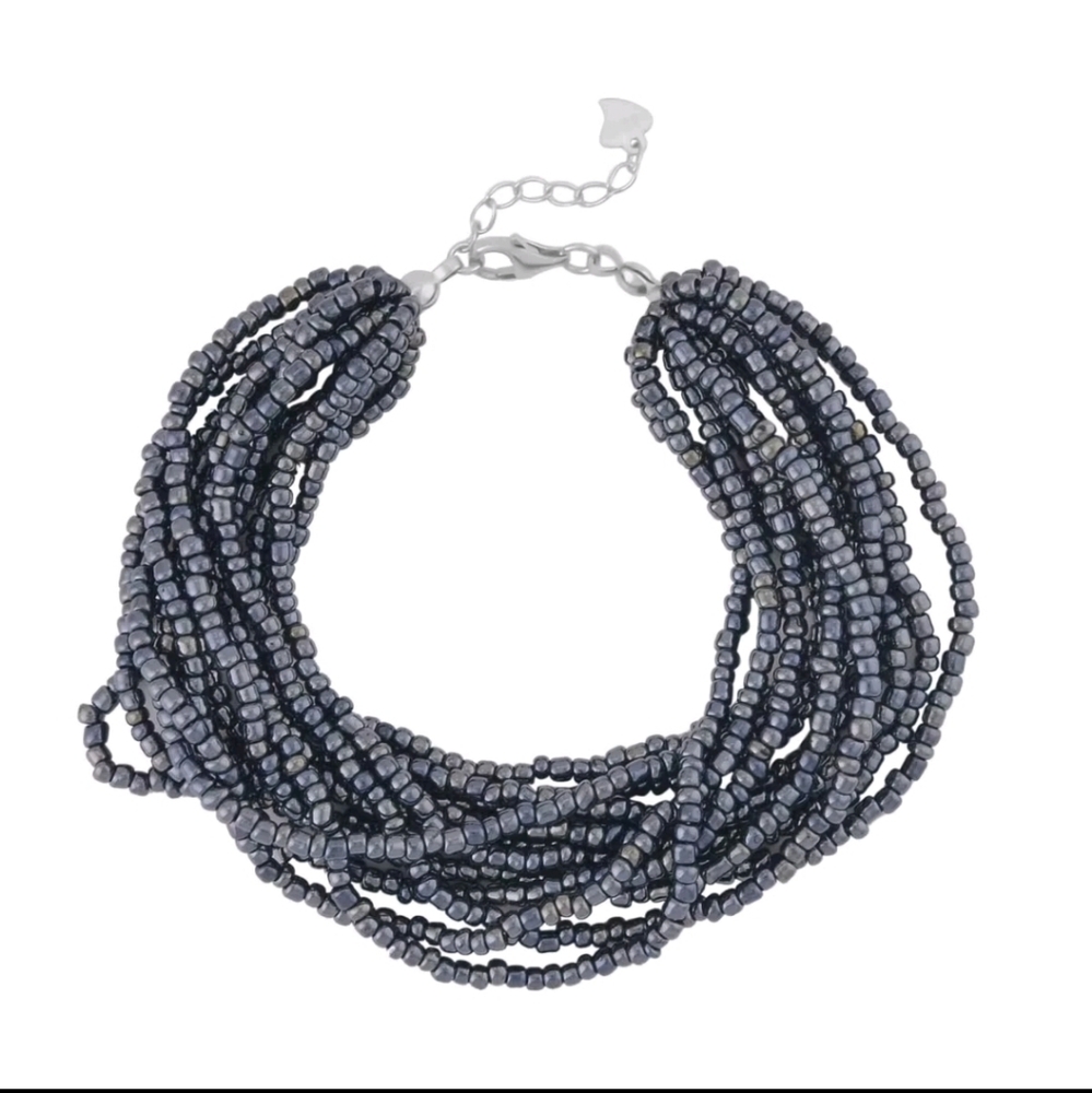 Black Glass Seed Beaded Bracelet in Rhodium Over Sterling Silver (7.5-8.5In)